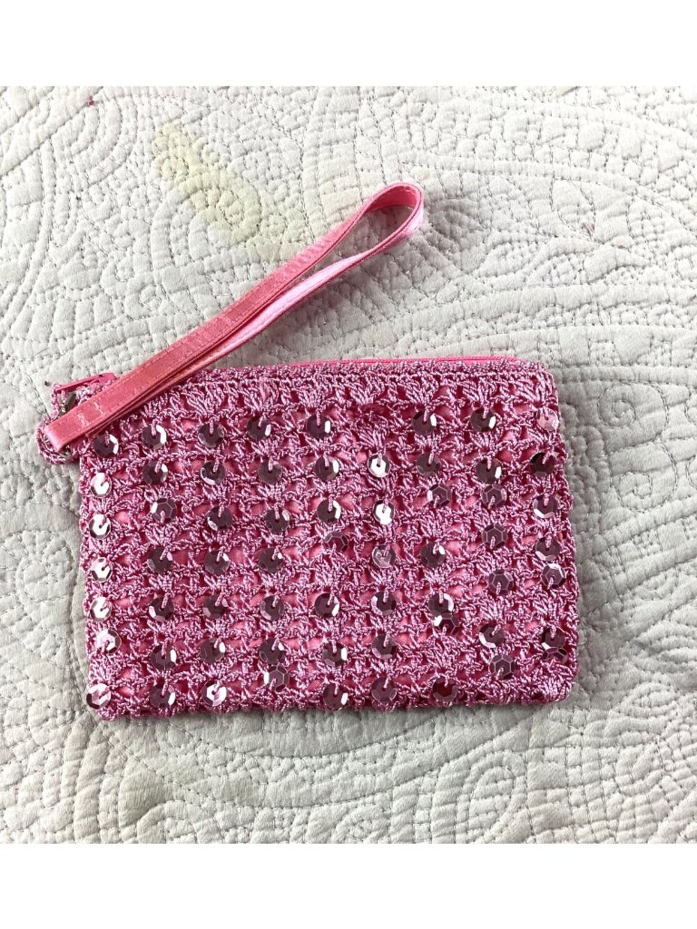 Pink Crochet Wristlet Clutch* Sequins By Indeed* Stylish & Compact*Barbie*NWOT